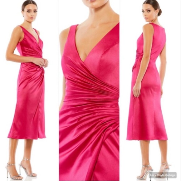 MAC DUGGAL 26625 SATIN RUCHED V-NECK FAUX WRAP LIPSTICK PINK MIDI DRESS sz 4 - Picture 1 of 11